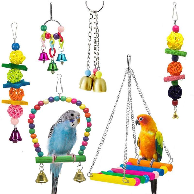 Columpio para aves de juguete, hamaca para loro, campana, juguetes para periquitos, periquitos, cacateles, coneuras y pájaros de amor, paquete de 6 uds.: Default Title