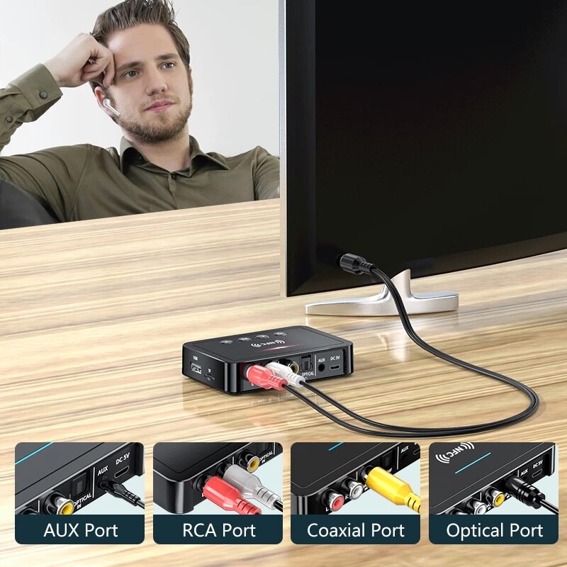 Bluetooth 5.0- empfänger, fm-stereo, 3.5mm aux-klinkenbuchsen, rca-optischer dongle, drahtloser sender für tv, pc, kopfhörer, nfc-audioadapter