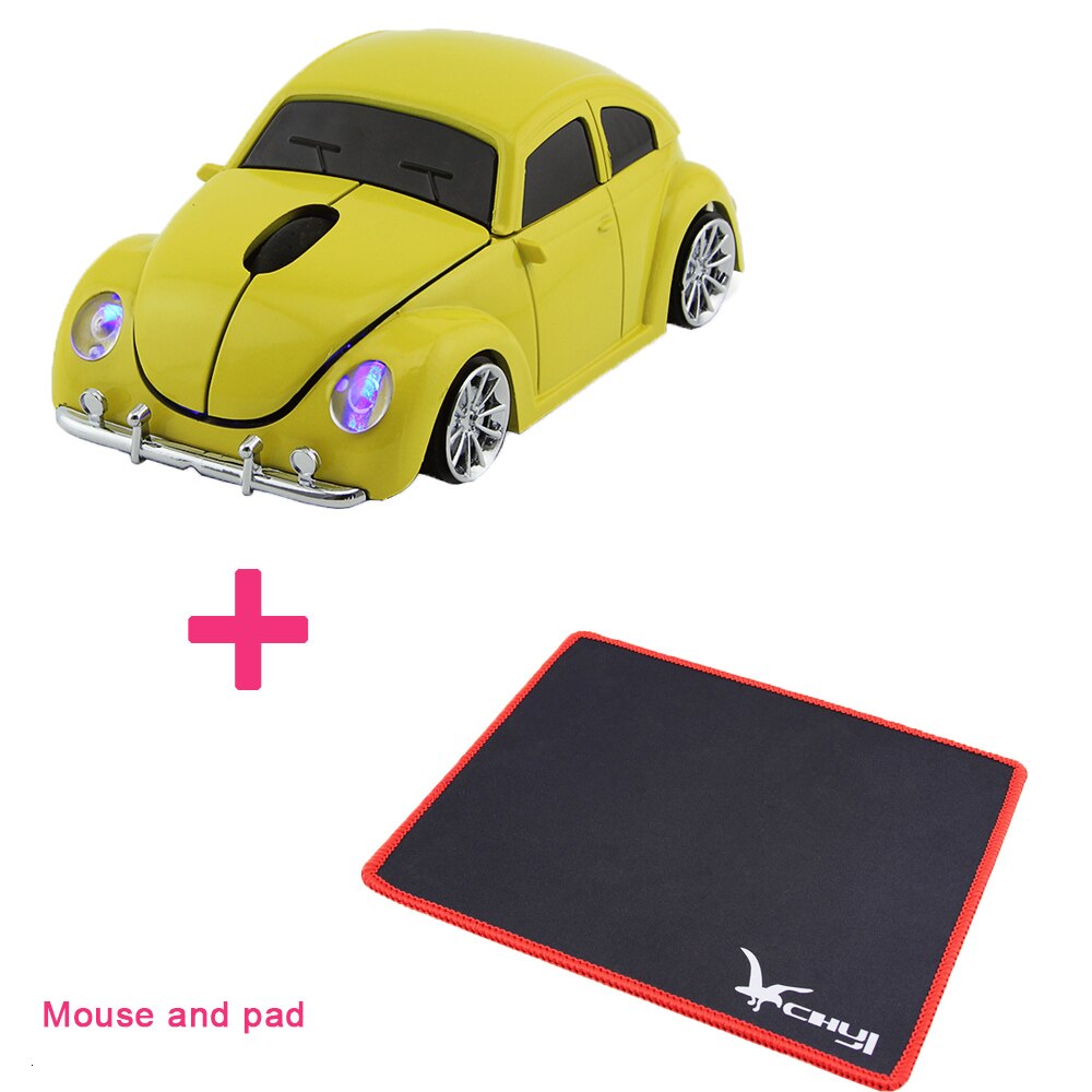 CHUYI 2.4Ghz Wireless Mouse Cool Sport Car Computer Mice For Boy USB Optical PC Office Mini Mause With Mouse Pad Kit: Yellow Mice And Pad