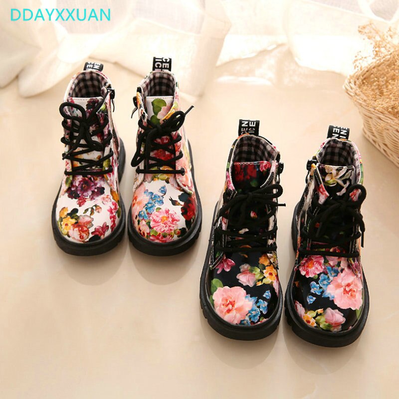 Kids Laarzen Leer Herfst Mode Bloemen Bloemenprint Kinderen Baby Martin Laarzen Leuke Casual Meisjes Laarzen Schoenen