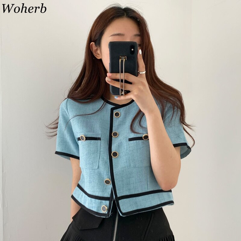 Woherb-Chaqueta para mujer ropa coreana con cuello redondo, abrigo de una botonadura, contraste de Color, fino corto, 92992