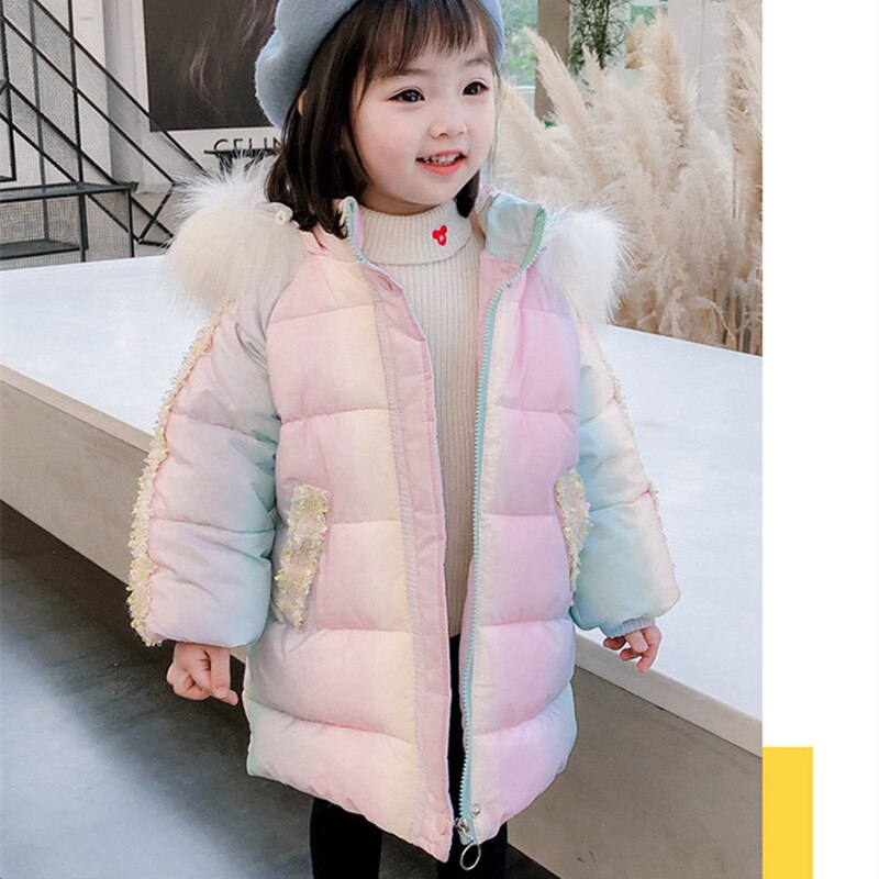 DFXD Children Girl Winter Long Rainbow Down Cotton Jacket Fur Collar Hooded Thicken Warm Kids Outwear Parka For 1-7Yrs