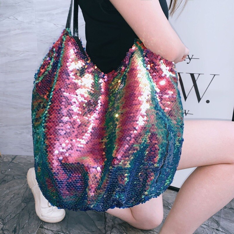 Bag for Women All-Match Big Bag Sequins Tote One Shoulder Bag Handbag Simple Cloth Bag Large Capacity Magnetic Button