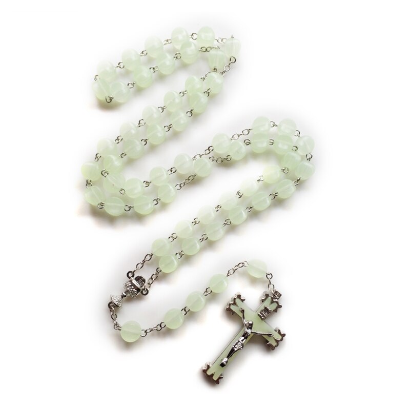 10mm Rosary Beads Luminous Necklace Jesus Crucifix Cross Pendant Necklaces Glow in Dark Religious Jewelry for Men Women: 18