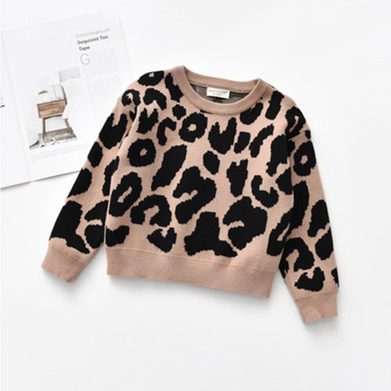 Höst barn flickor stickade leopardmönster tröjor baby vinter varm ull oullovers spädbarn långärmade kläder tröjor
