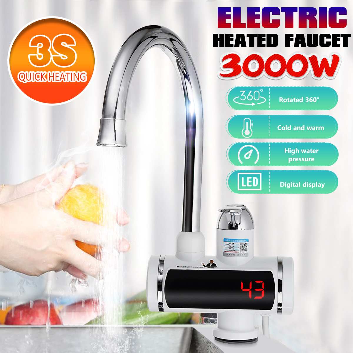 3000W Water Heater Kitchen Instant Electric Water Heater Tap Temperature Display Faucet Tankless Instantaneous Water Heater