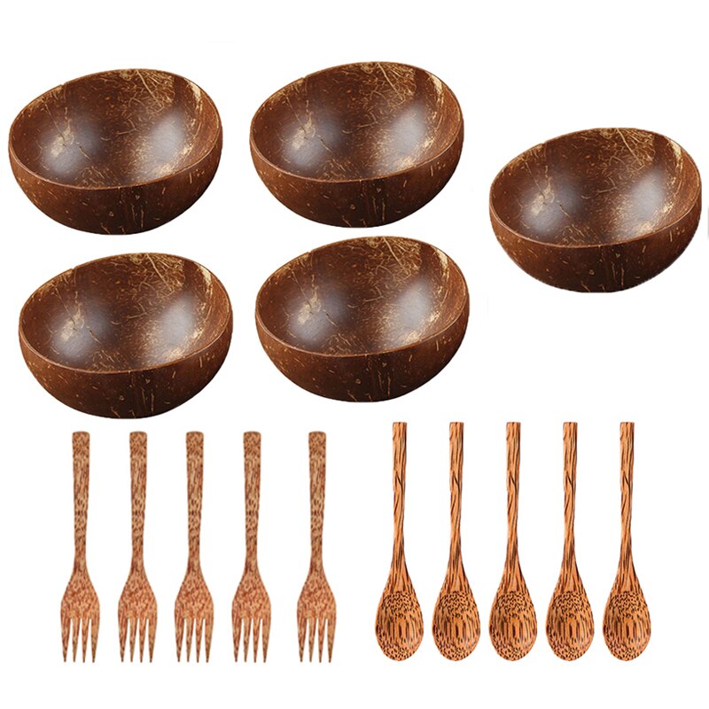 Sommar 12-15cm naturlig kokosnöt skål trä servis sked set kokos kök objekt ris ramen sallad hem dekorativ servis: 5 uppsättningar