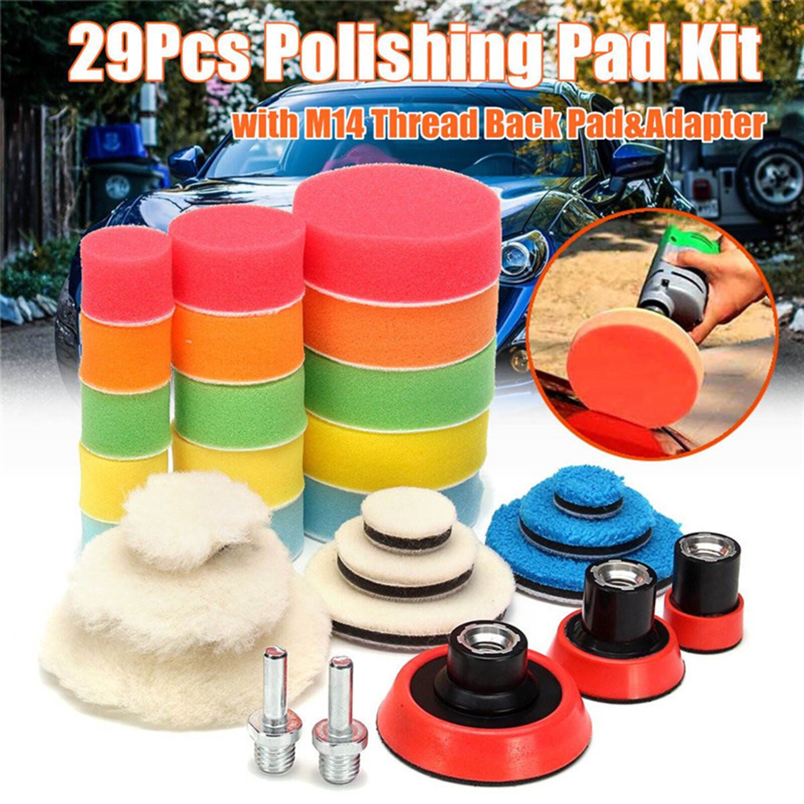 29pcs/set Car Polishing Kit 1.2/2/3 Inch Buffing Pads, Sponge Set Kit M14 Drill Adapter Power Tool Car Polishing Wheel Set