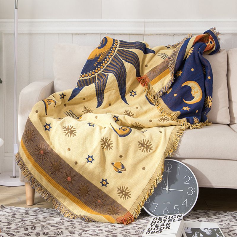 Sonne Mond Sterne Baumwolle Gewebte Decke Sofa Handtuch Baumwolle Warme Schutzhülle N1Ha