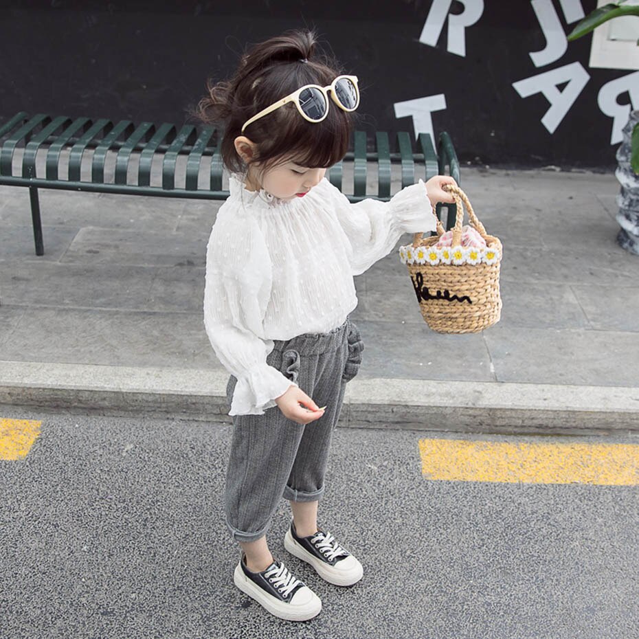 Camisas para niñas, blusa blanca con volantes para niñas, blusa de lunares para niñas, ropa de manga ancha para niñas