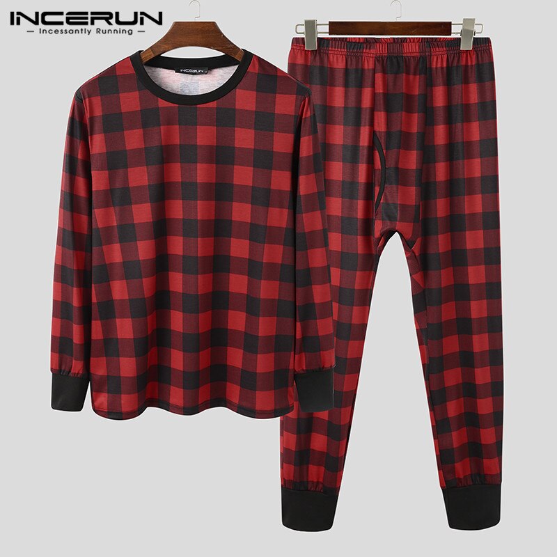 Men Plaid Pajamas Sets Homewear Long Sleeve O Neck Sleepwear Leisure Sleep Pants 2 Pieces Comfortable Men Nightwear Sets INCERUN