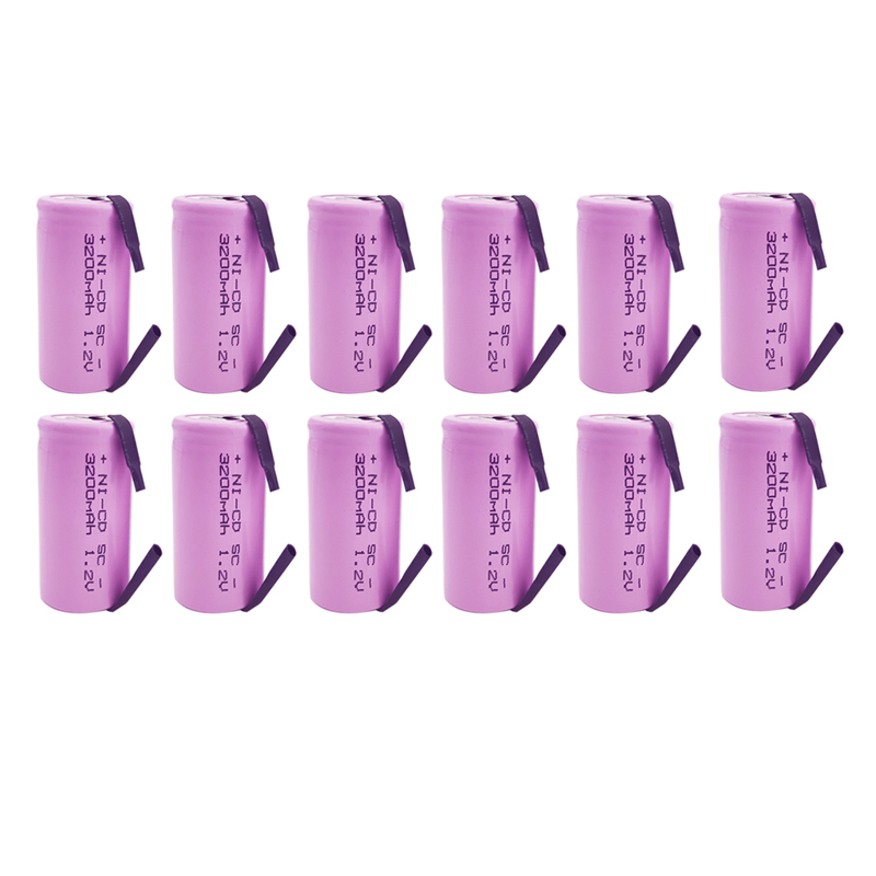 10/12/15/20 peças sc 1.2v 3200mah bateria recarregável sub c ni-cd célula com abas de soldagem para furadeira elétrica chave de fenda bosch: Preto
