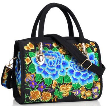 Women's Canvas Handbags Casual Shoulder Bag Floral Embroidered Ethnic Bag Vintage Messenger Bag Ladies Crossbody Bag: Blue Peony