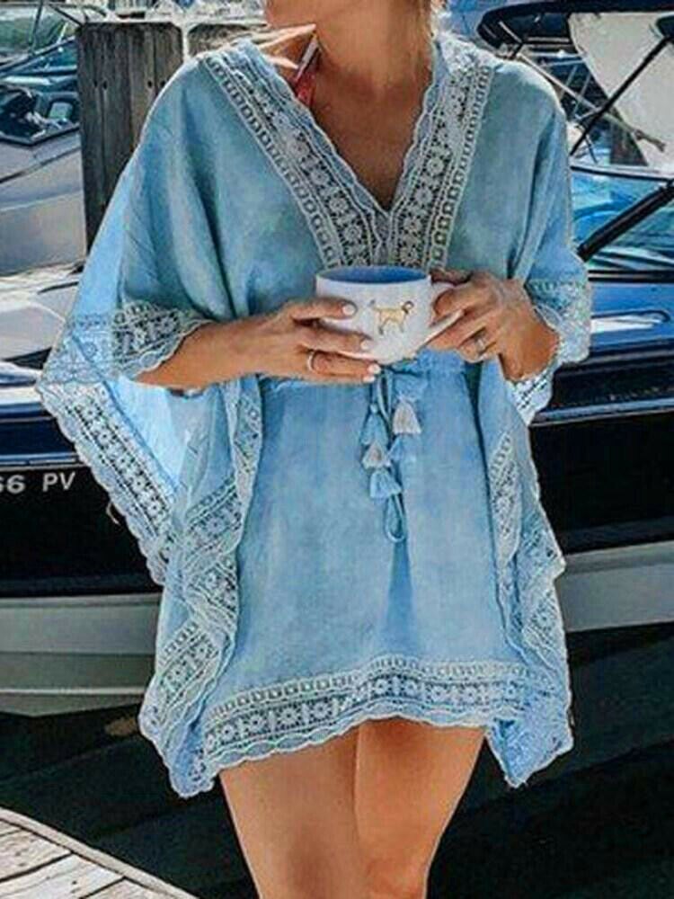 Boho strand kvinde blonder hæklet hul mini cover-ups kjole elastisk samle talje badetøj kaftan batwing badedragt dække op: Blå