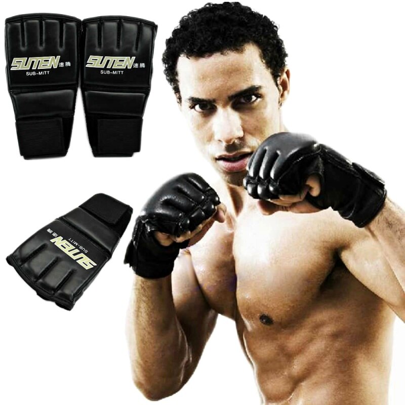 1 Pair Adult Boxing Gloves Half Finger Finger-separated Breathable Adjustable PU Hand Protector Fitness Fighting Accessories