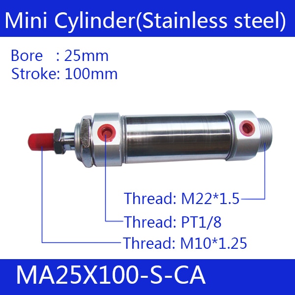 Pneumatic Stainless Air Cylinder 25MM Bore 100MM Stroke , MA25X100-S-CA, 25*100 Double Action Mini Round Cylinders
