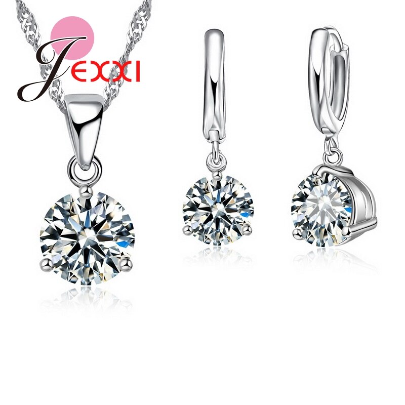 Crystal Necklaces Set 8 Colors 925 Sterling Silver Pendants Stud Earring Sets Women Cubic Zircon Jewelry