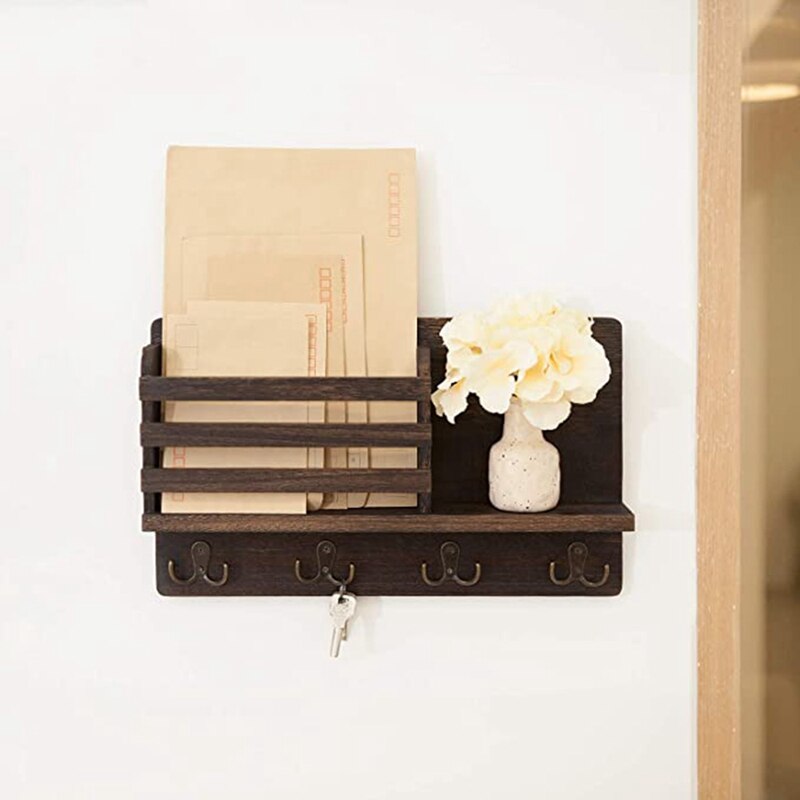 Organisateur mural de trieur de courrier en bois de support de courrier avec 4 crochets de Double clé et une étagère flottante décor à la maison rustique