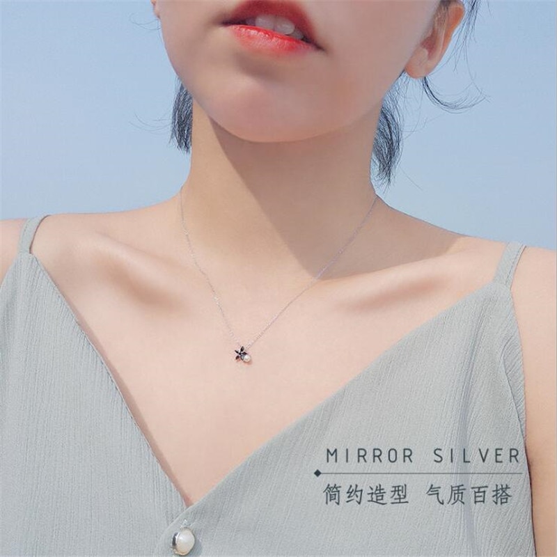 Personality Black Cute Little Daisy 925 Sterling Silver Jewelry Flower Pearl Clavicle Chain Pendant Necklaces H564