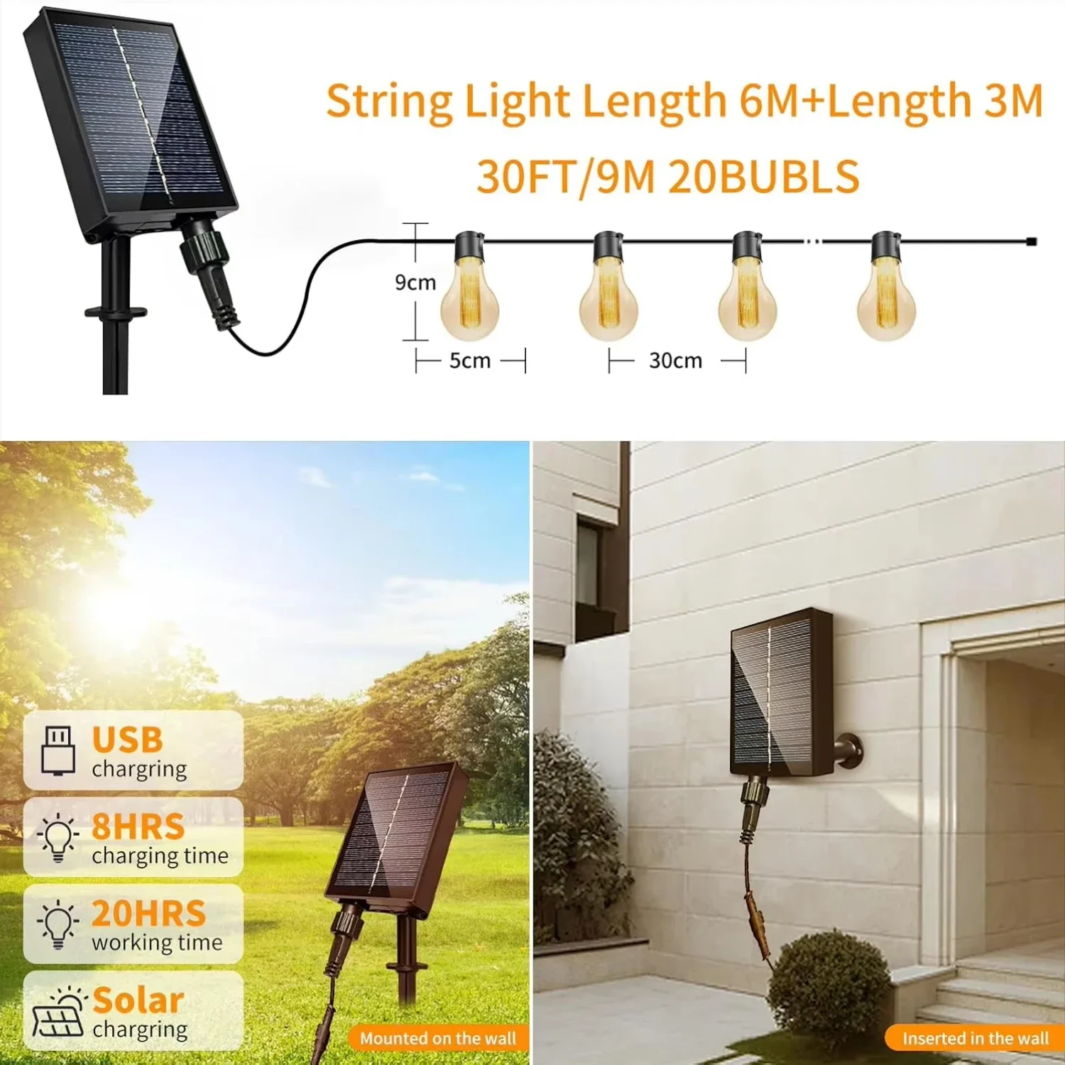 Solarleuchte, 20 G40 LED-Lampen, wetterfest, zum Aufhängen, Solar--Lichterkette für Pavillon, Garten, Bistro, Hinterhof, Hochzeitsdekoration