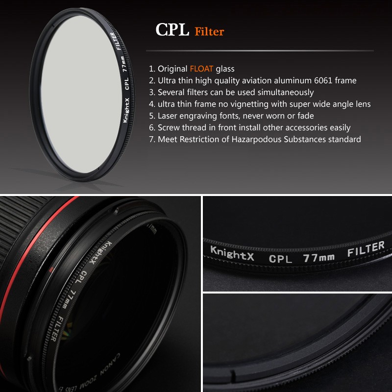 KnightX Camera Lens Circular Polarizer Filter CPL ND2-1000 for Camera Lens Filter 58mm 67mm 72mm 77mm