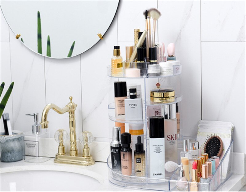 360 Degree Rotating Makeup Organizer 3-tier Acrylic Clear Cosmetic Storage Case PVC Display Spinning Rack