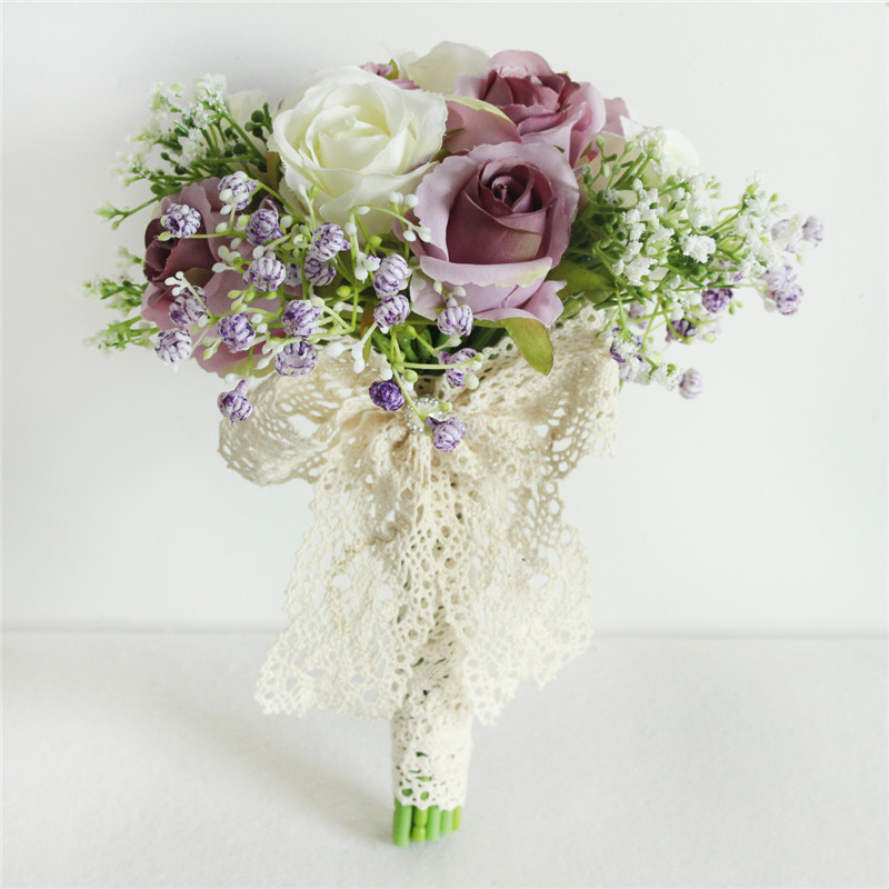 Bouquet de mariage mariée porte-main soie artificielle babyssouffle Rose fleurs dentelle petit Bouquet demoiselles d'honneur mariage décor Flores: White-purple