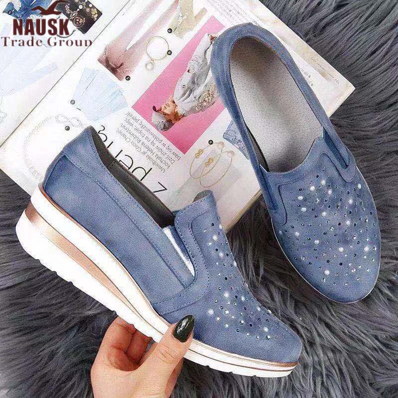 Women's Mesh Wedge Shoes Diamond Slip-on Cotton Casual Shoes for Woman Walking Sneakers Loafers Soft Shoes Zapato