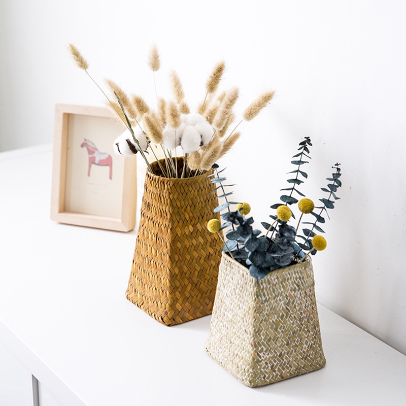 Florero tejido de paja tejido a mano, jarrones de flores secas para boda, banquete, , Decoración de mesa, cesta de almacenamiento de escritorio para el hogar