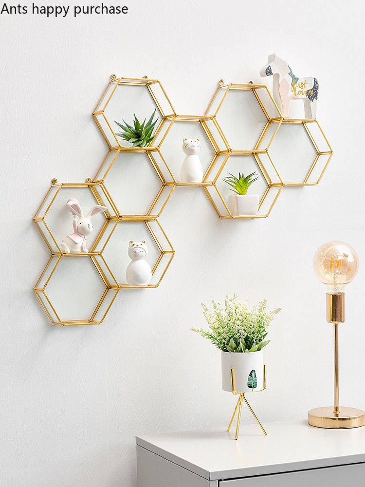 Hexagon metallglas väggmonteringsrum heminredning vardagsrum sovrum modern enkel vägghylla geometrisk hylla
