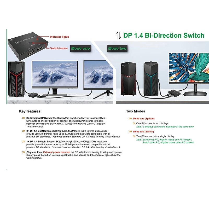 Displayport 8K Switch Bi-direction 1x2 / 2x1 DP1.4... – Vicedeal
