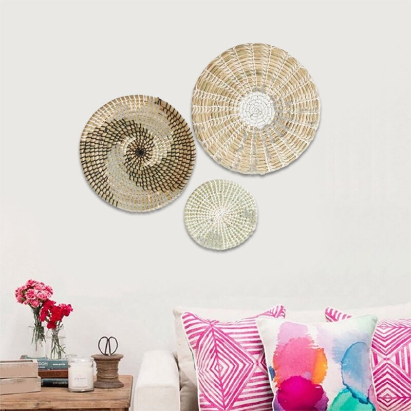 3pcs Boho Woven Wall Basket Decor Handmade Natural Seagrass Round Hanging Decorative Trays for Living Room Bedroom