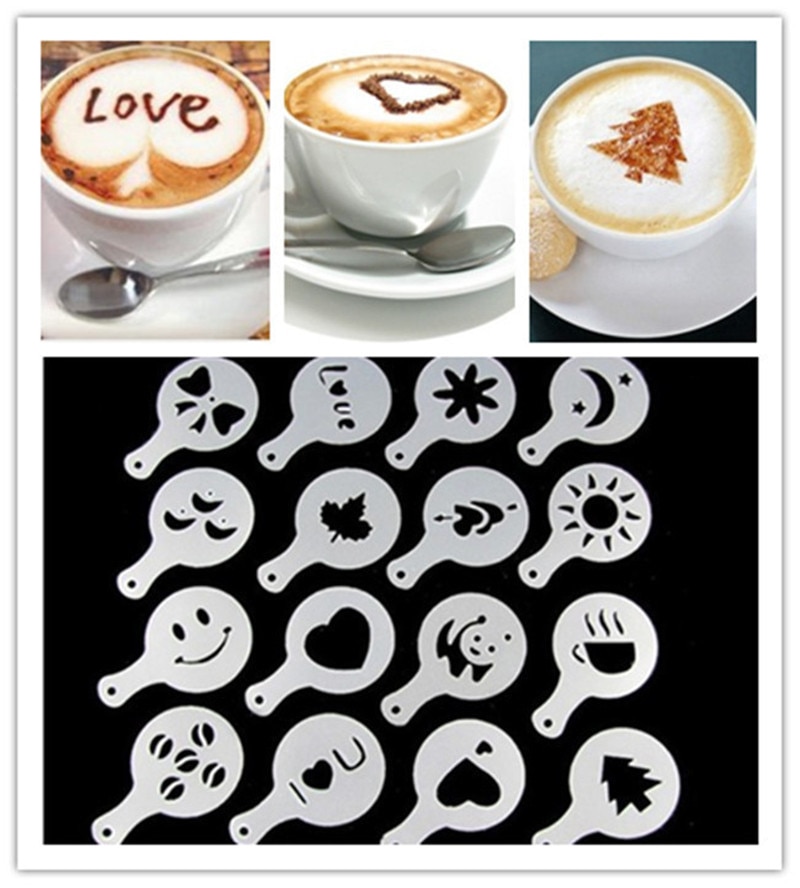 16 stuks/set plastic café schuim spuit sjabloon barista sjablonen diy decoratie gereedschap slinger mal luxe koffie print bloem model