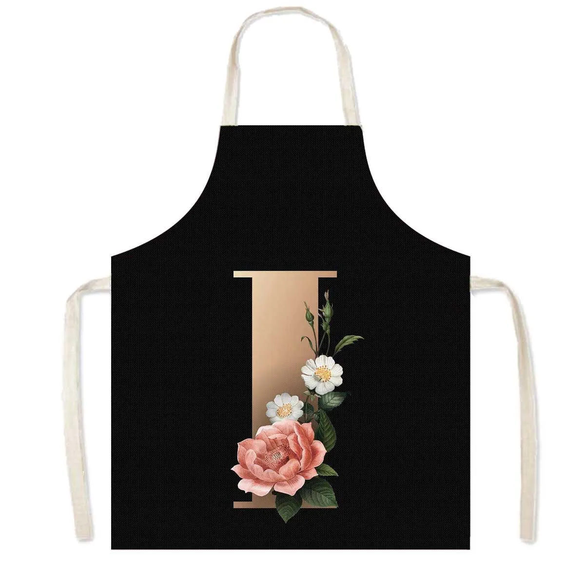 Delantal de cocina con estampado de flores y 26 iniciales, delantales de cocina con letras de A-Z para mujer, Chef de barbacoa, camarero, herramienta de limpieza para hornear en casa, delantal