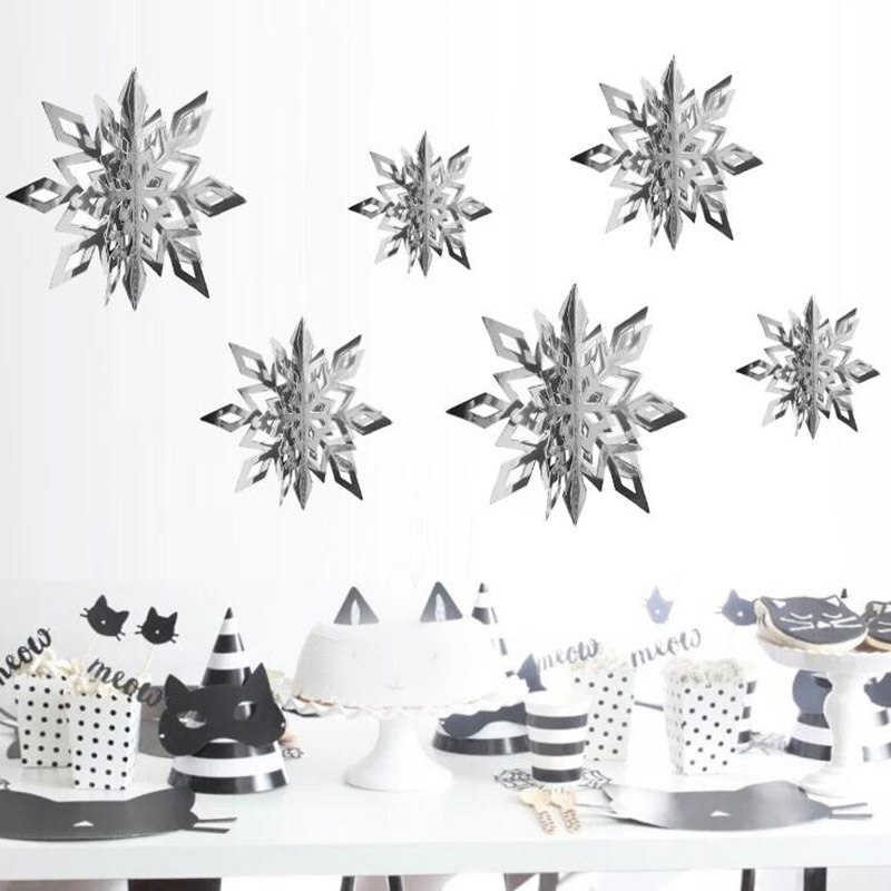 Decoraciones de copos de nieve de Navidad para de Frozen, guirnaldas de papel huecas 3D, adorno de nieve falsa, decoraciones de invierno para el hogar: Silver