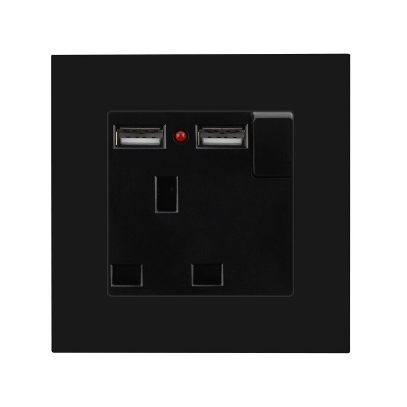 With Small Switch UK Standard Dual USB Outlet Port 5V 2.1A Wall Charger Adapter LED Indicator 13A Socket Black Plastic Panel: UK socket USB Switch