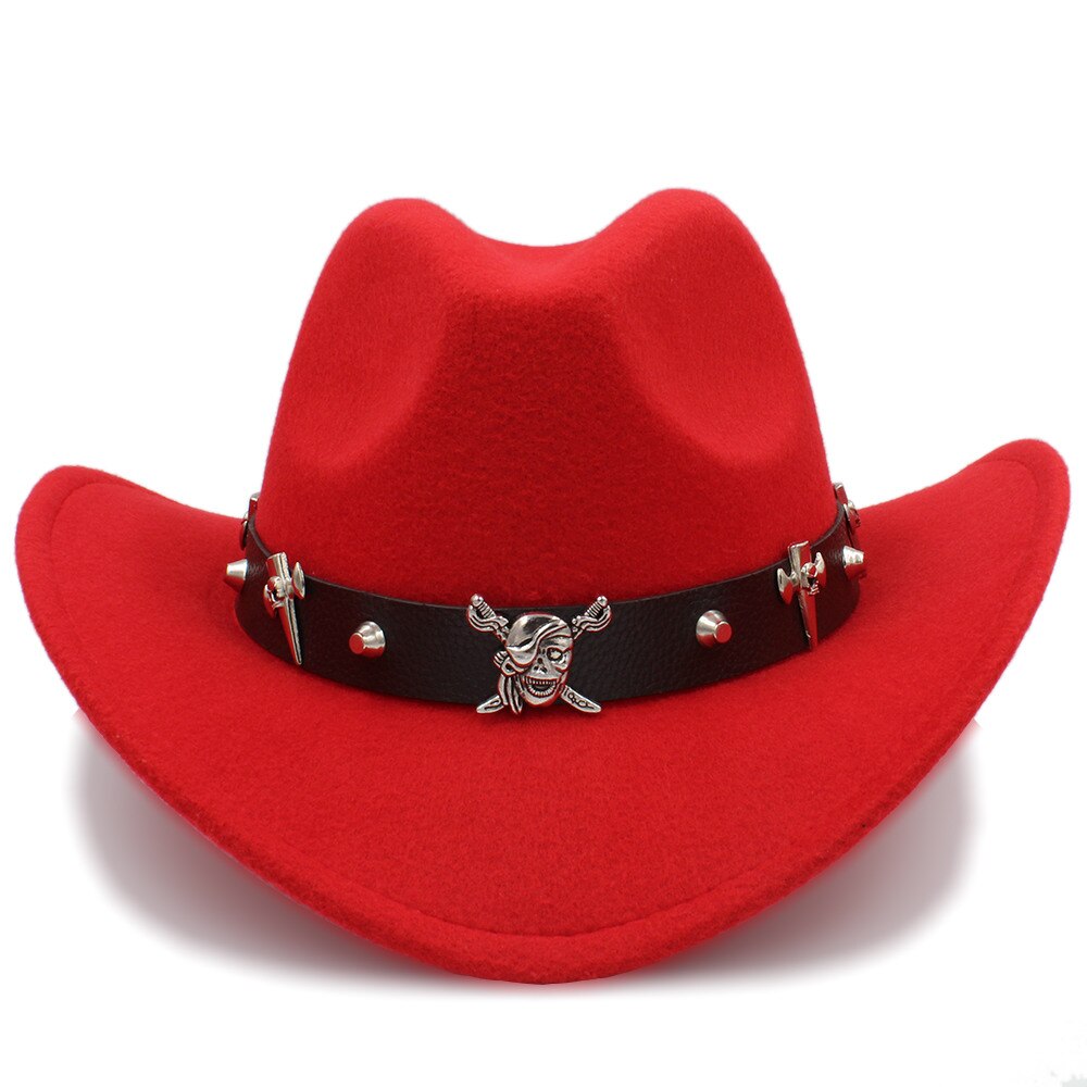 Kvinder mænd uld hule vestlige cowboy hat pirat læder bælte herre far jazz ridning sombrero hombre cap størrelse 56-58cm: Rød