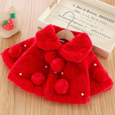 Peuter Winter Warme Kleding Solid-Kleur Brede Revers Lange Batwing Mouw Bontjas Met Pompon Parel Decoratie Meisje 0-4 Y