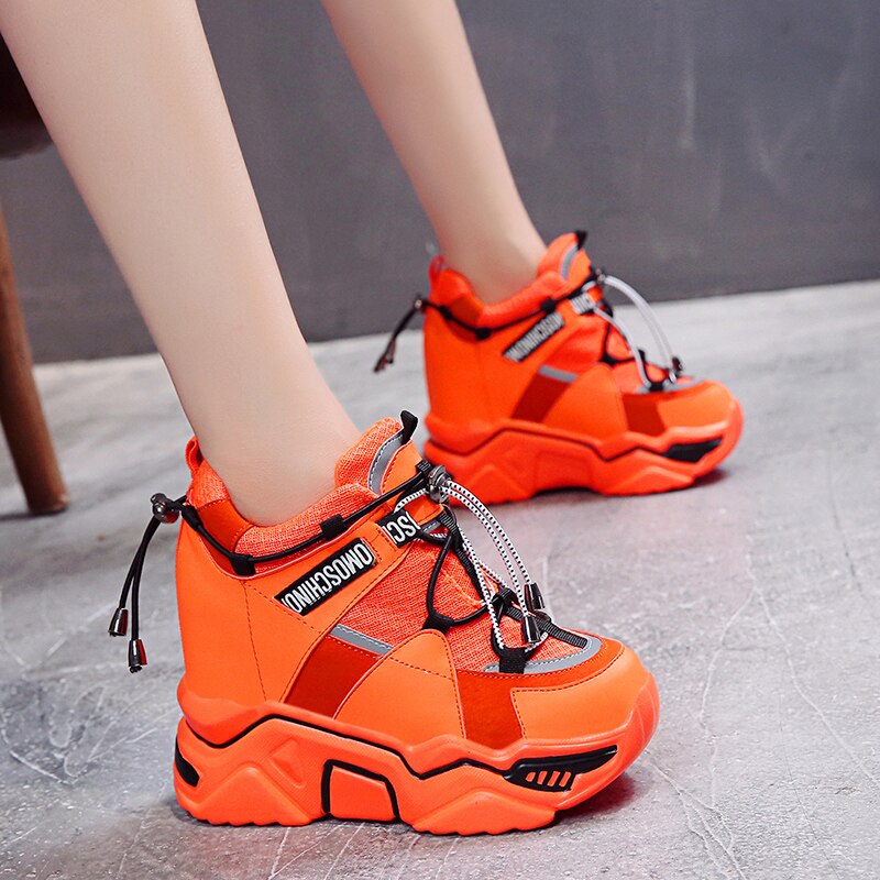 Femmes Fluorescence couleurs plate-forme à lacets baskets décontracté cale Super haute 11CM chaussures à talons 3 couleurs Styles coréens A3