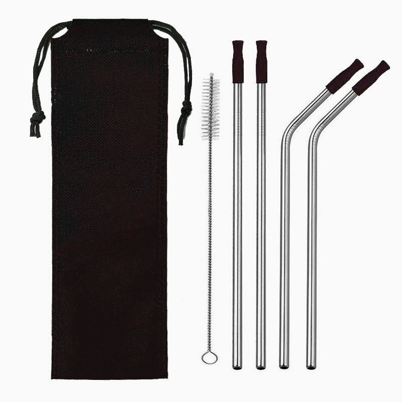 304 Stainless Steel Metal Straws Drink Cocktail Color Silicone Head Straw Travel Portable Set: Set 12