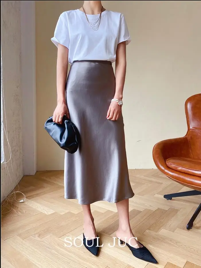 Silke satin nederdele til kvinder højtaljet nederdel kvinder a-linje nederdele sommer pink midi nederdel koreansk stil: Xl / Sølv