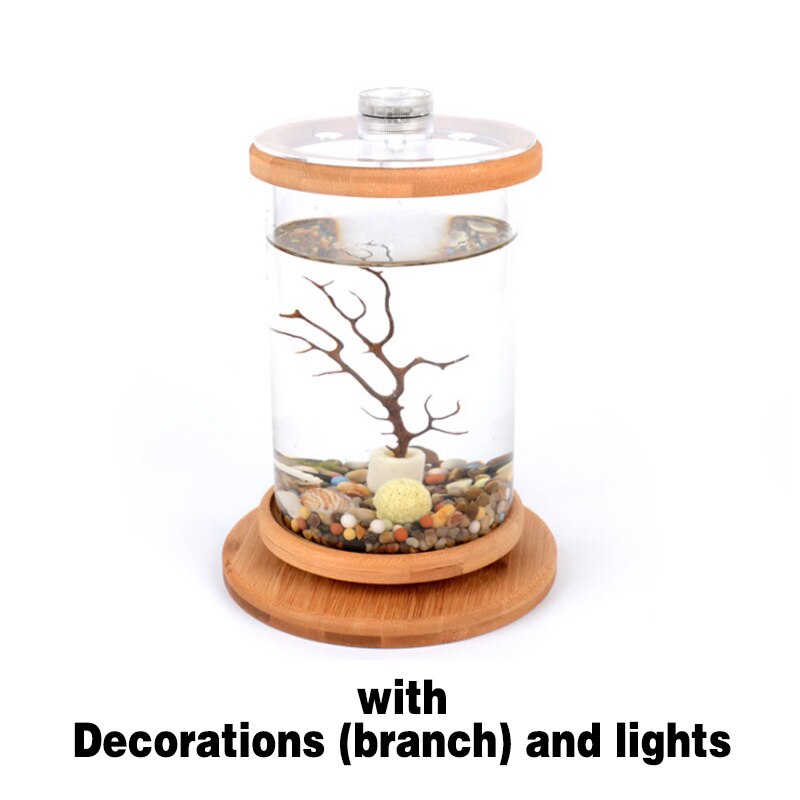1pcs Glass Betta Fish Tank Bamboo Base Mini Decoration Accessories Rotate Bowl Aquarium Accessories1pcs: lights and branch
