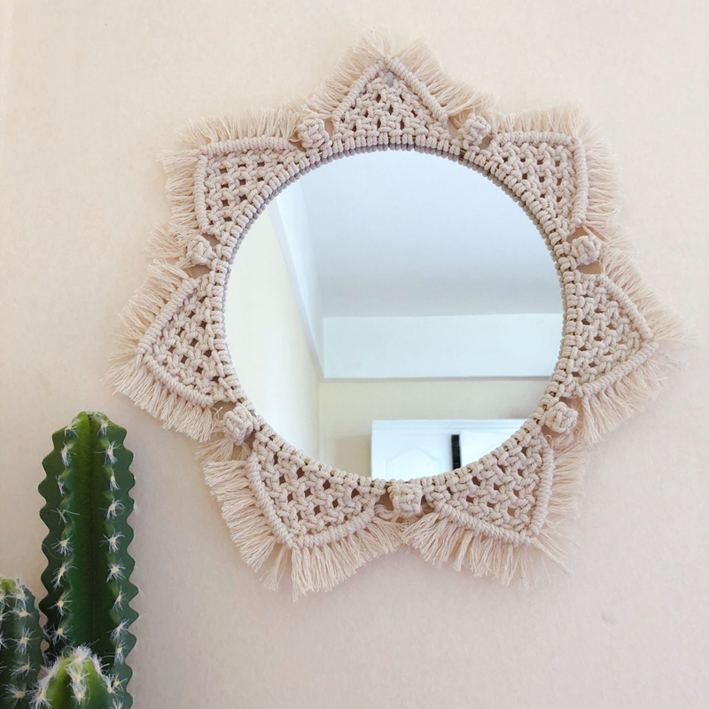 Macramé, espejos colgantes de pared Ins, espejos nórdicos hechos a mano, tapiz de pared, porche de casa, espejos para el hogar, maquillaje, cuarto de baño