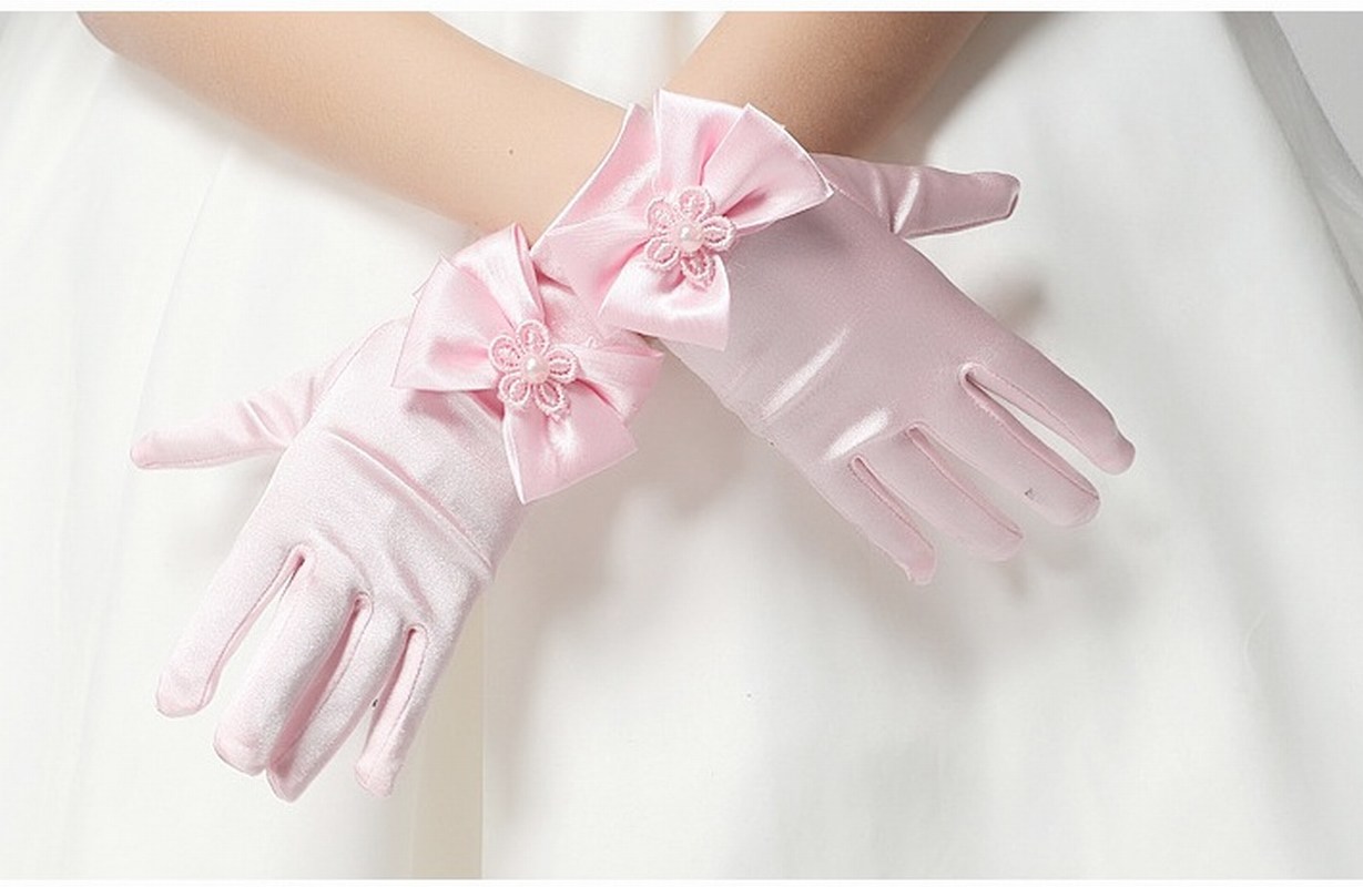 Gants en Satin pour petites filles, accessoires de mariage, de fête, de fête, de cérémonie, de nœud papillon, courts: Rose