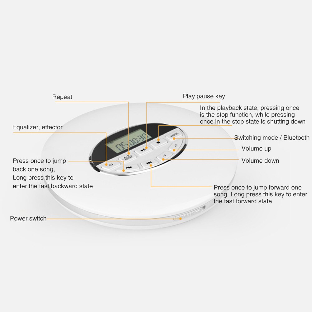 Battery Powered Multifunctional Portable CD Player With LCD Display Small Car Support TF Card Music USB AUX Compact Round