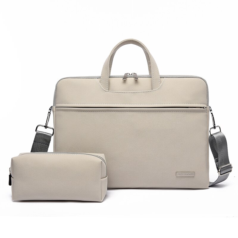 Bolsa de ombro para laptop, bolsa à prova d'água de couro pu, estojo para laptop 13.3 14 15.6 polegadas para macbook air pro pro pro: Beige-set / 15.6-polegadas