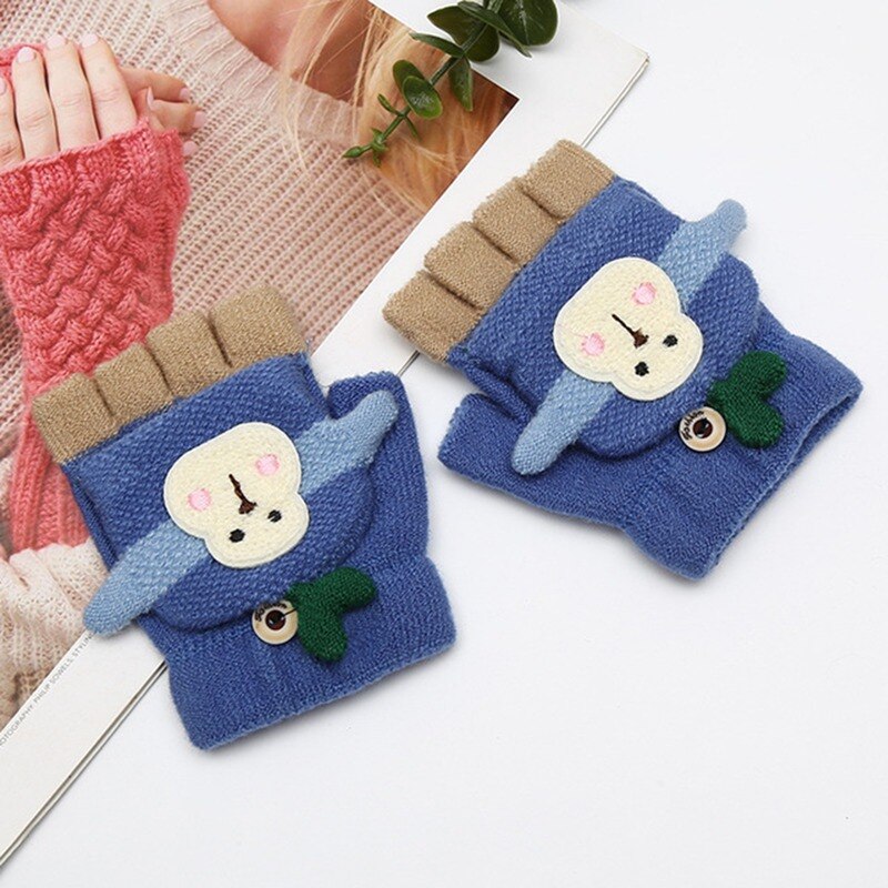 Cartoon Baby Gloves Boy Girl Winter Knitted Gloves Warm Convertible Flip Top Fingerless Mittens Gloves for Children Toddler Kid