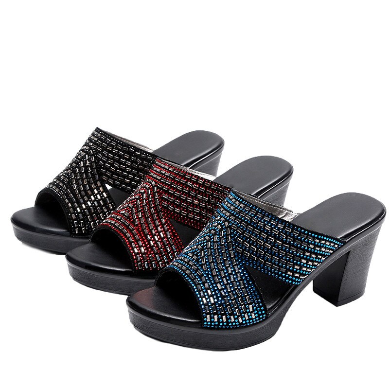 Asumer 8 Cm Hoge Hakken Slipper Vrouwen Platform Schoenen Kristal Elegante Zomer Casual Party Schoenen Dames Slipper