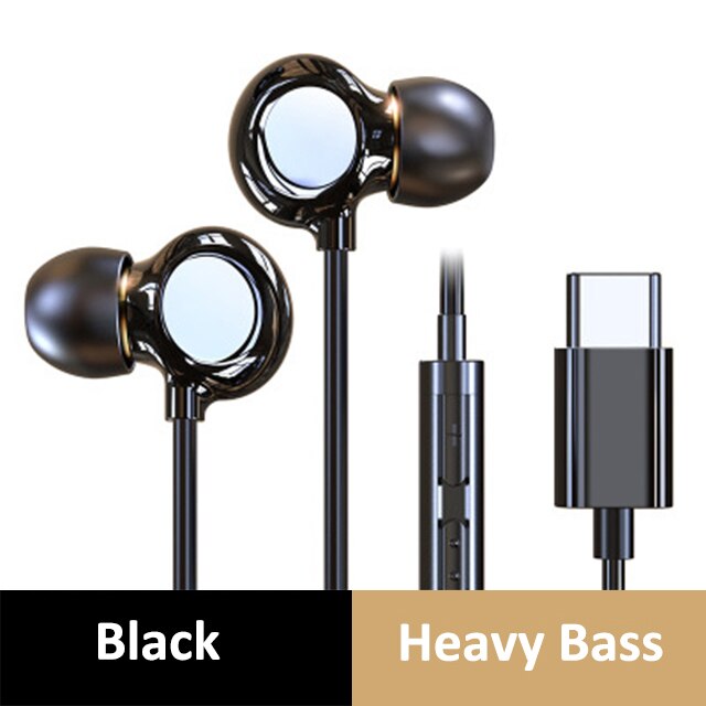 Écouteurs intra-auriculaires filaires avec micro basse, oreillettes stéréo, musique, Sport, jeu, prise de Type C, coque en céramique, 8 cœurs, 3.5mm: Black Type C