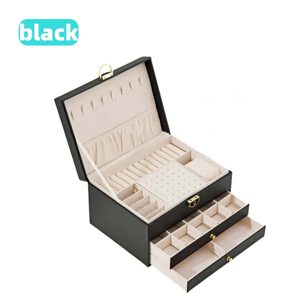 Schmuck-Aufbewahrungsbox, abschließbar – 3-lagige große Schublade für Ohrringe, Ringe, Halsketten-Organizer – modische Reise-Schmuck-Aufbewahrungsbox: Black
